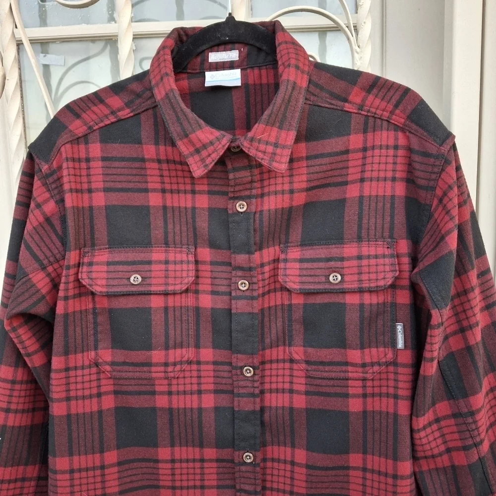 Columbia Sportswear Red Plaid Button-Up Long Sleeve Shirt Jacket  Men Size Large